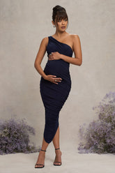 Navy Maternity Ruched One Shoulder Midi Dress